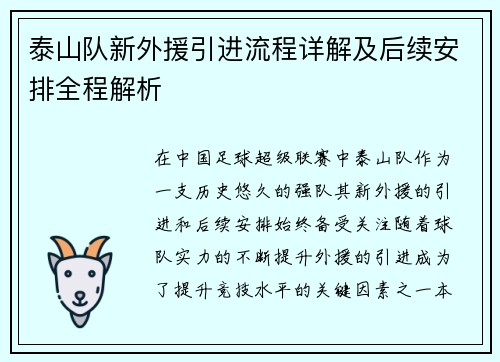 泰山队新外援引进流程详解及后续安排全程解析
