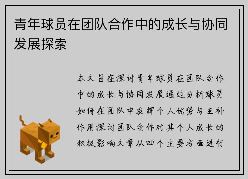 青年球员在团队合作中的成长与协同发展探索 青年球员在团队合作中的成长与协同发展探索